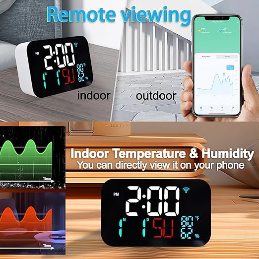 Luocute WiFi Smart Clock, Weather Station Alarm Date Day Large Display Brightness Adjustable Thermometer Humidity Digital Clock Compatible with Tuya Smart App, for Home Office (White Shell- White