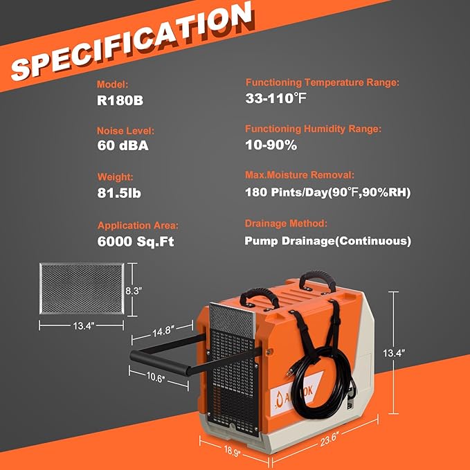 180 Pint Commercial Dehumidifier with Pump for Large Basements & Crawl Spaces, Continuous Drain Dehumidifier up to 6,000 Sq.Ft, Auto Defrost, Memory Restart, Digital Control, with Wheels