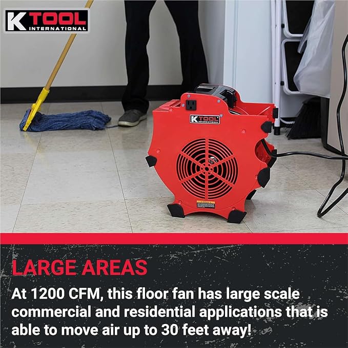 K Tool International 77700 Big Chill Workforce Blower Floor Fan, 1200 CFM, 3 Speed Motor, Overload Protection, Impact Resistant ABS, 300 Watt, 110-120V, 60Hz, 4 Angle Positions, Indoor/Outdoor, Red