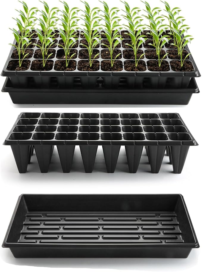 RooTrimmer 10 Pack 1020 Trays No Holes and 10 Pack 4.3" Deep 32 Cell Seed Starter Trays, 20" x 10" - Heavy Duty Plastic Nursery Flats for Seed Germination & Plant Propagation (10 Sets)