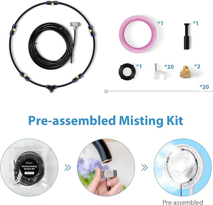 lifeegrn Misting Cooling System: Outdoor Mister System for Patio, 20 FT Misting Line+5 Mist Nozzles+3/4" Brass Adapter Garden Trampoline Greenhouse