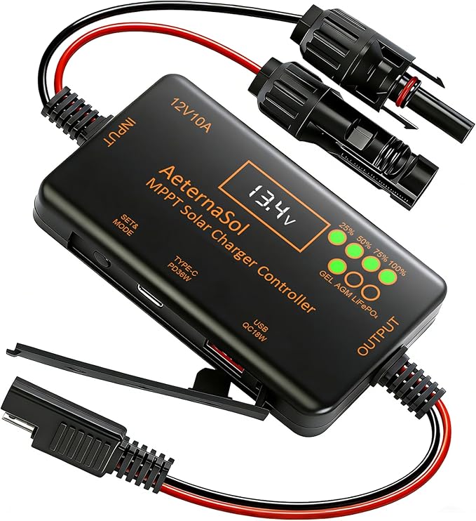 Solar Charge Controller 12V 20A, Solar Panel Charge Controller with Type-C and USB Output for Solar Panel and Gel, AGM, LiFePO₄ Battery (10A MPPT2)
