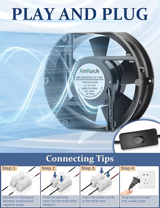 AC Axial Fan 110v 120v 172mm x 150mm x 51mm Powerful Airflow Dual Ball Bearing Fan with Switch Cooling for DIY Chicken Coop Greenhouse Server Room Garage Crawl Space Exhaust