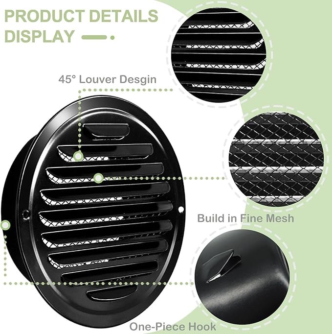 4 Inch Stainless Steel Air Vent Cover, FocuVenHom Black Soffit Vent Cover Louvered Grille Cover Hood Flat Ducting Ventilation Wall Vent with Built-in Fine Mesh for Garage, Apartment, RV