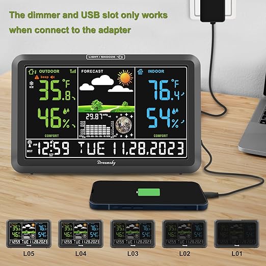 DreamSky Weather Station Indoor Outdoor Thermometer Wireless with Digital Atomic Clock for Home, Large Display with Dimmer, USB Port, Inside Outside Temperature Humidity Monitor (Plug-in)