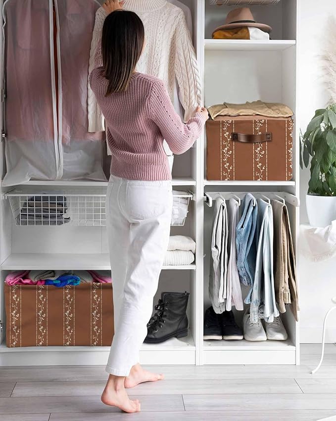 Brown Flowers Branch Storage Bins Cubes Waterproof Cloth Storage Basket, Spring Summer Farmhouse Botanical Foldable Storage Bags for Shelf Closet Clothes Organizers with Handles 15x11x9.5 in 2PCS