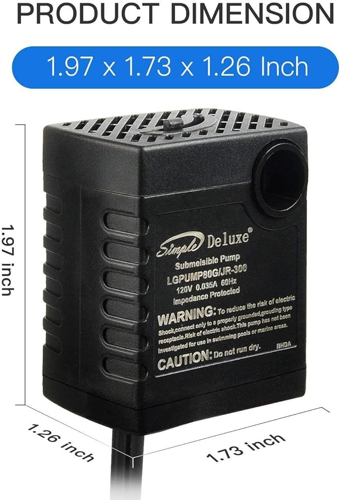 Simple Deluxe 80 GPH Submersible Water Pump (300L/H, 3.6W), Ultra Quiet Fountain Pump with 2.6 ft, 2 Nozzles for Aquarium, Pool, Hydroponics, Black