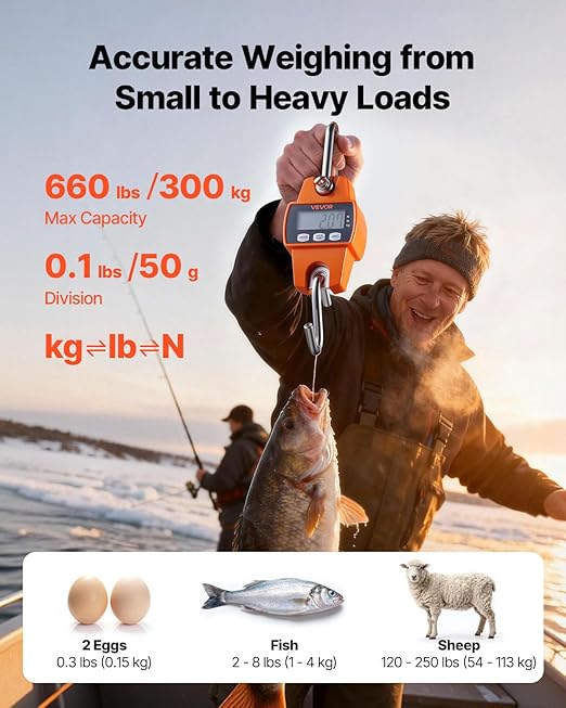 VEVOR Digital Crane Scale, 660 lbs/300 kg, Industrial Heavy Duty Hanging Scale with Cast Aluminum Case & LCD Screen, Handheld Mini Crane with Hooks for Farm, Hunting, Fishing, Outdoor, Garage (Orange)