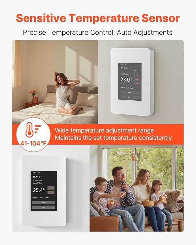 VEVOR 7-Day Programmable Thermostat Gray-White (Without WiFi) - for Radiant Underfloor Heating Cable & Heat Pump, GFCI & Sensitive Sensor, TFT Color Touch Display, Energy-Efficient