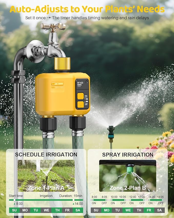 WiFi Water Timer 2 Zone for Garden Hose, Smart Sprinkler Timer with 984ft RF Range, Brass Inlet and Outlet, APP/Voice Control, Rain Delay, Automatic/Manual Irrigation