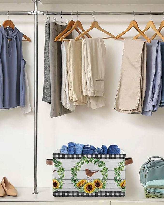 Spring Eucalyptus Sunflower Storage Bins Cubes Waterproof Cloth Storage Basket,Farmhouse Birds Gray Wood Foldable Storage Bags for Shelf Clothes Storages Organizers with Handles 15x11x9.5 in 1PCS