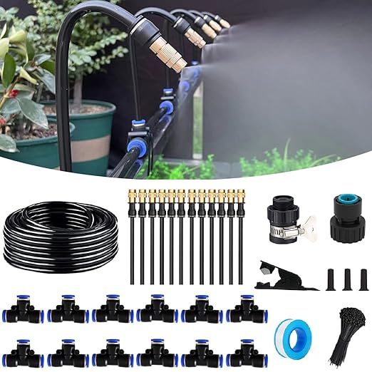 50FT Drip Irrigation Kit, Automatic Garden Watering System with Tool-Free Quick Connectors, 360° Bending Droppers & Copper Misting Nozzles for Greenhouse, Patio, Lawn & Vegetable Garden. (15M)