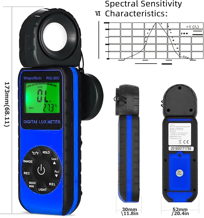 Digital Light Meter WapoRich RQ-881D Illuminance Tester w/Rotatable Sensor 1-400,000 Lux/FC for LED White Light, Plants, Photography, Home & Industrial Use