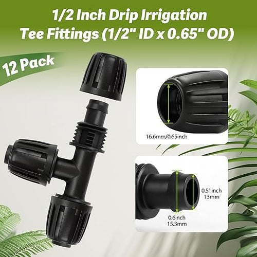 12 Pack 1/2 Inch Drip Irrigation Tee Fittings (1/2" ID x 0.6-0.65" OD), 1/2'' Dripline Barbed Tee Connectors with Anti-Drop Lock Nuts for Garden Lawn Irrigation System Connection