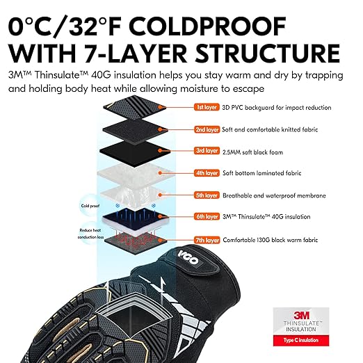 Vgo... 1-Pair 32°F Waterproof Heavy Duty Winter Work Gloves Men,Mechanic Gloves, Impact Protection& Vibration Reduction (Size XS, Black&Gold, SL8849FW)