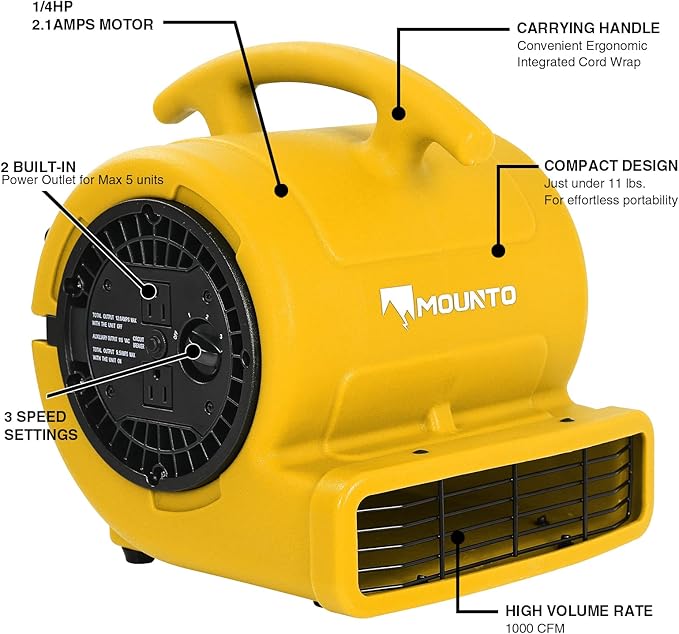 MOUNTO 1/4hp 1000CFM 2 Speed Air Mover Carpet Dryer Floor Fan Cooling Fan (Yellow)
