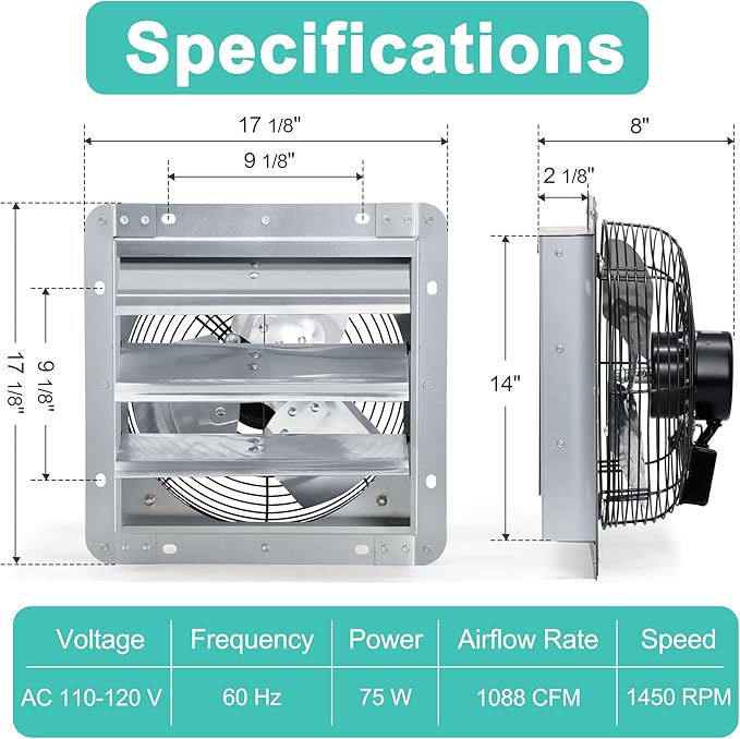 14 Inch Shutter Exhaust Fan with Speed Controller and Power Cord, High Power Wall Mount Attic Fan for Greenhouses, Sheds, Garages, Chicken Coops, Barns Ventilation, 1088 CFM