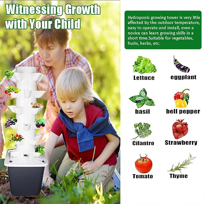 Indoor Hydroponic Tower Garden Kit, 30-Plant Vertical Growing System with Pump, Smart Germination for Herbs, Fruits & Veggies - 25 Holes, White White 25 Holes