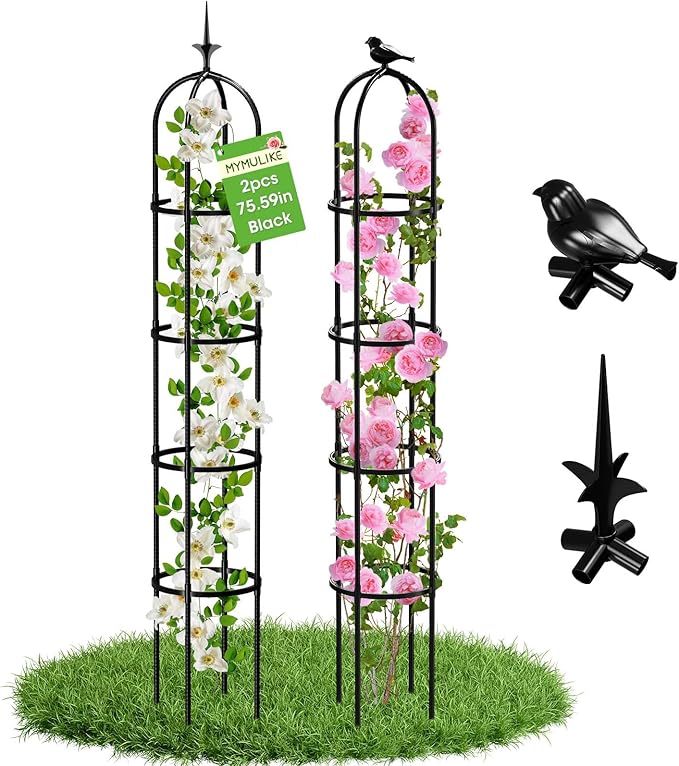 2PCS Updated Garden Obelisk Trellis for Climbing Plants Outdoor, 6.3 FT Tomato Cage, Rose, Flowers, Grape, Pea, Cucumber Trellis, Rustproof Plastic Coated Metal Plant Support Trellis for Potted Plants