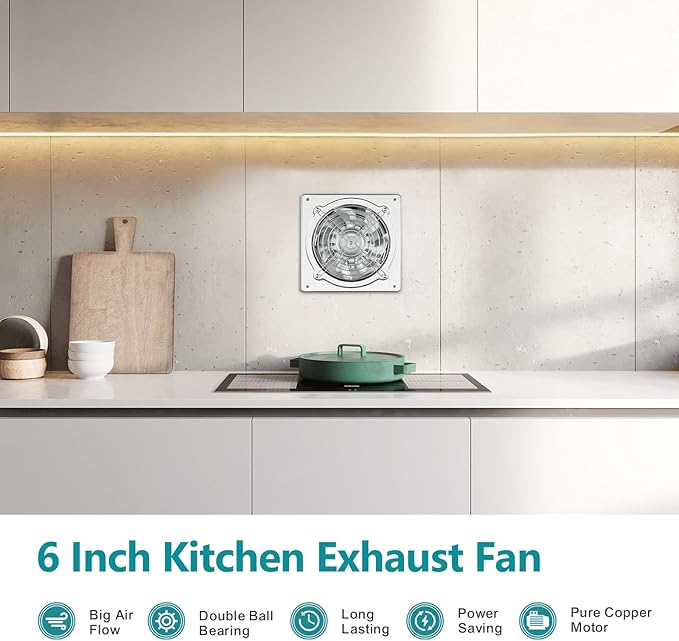 HG Power 6 Inch Exhaust Fan: Kitchen Exhaust Fans with Power Cord Attic vent Fan with Damper Wall Small Fume Extractor Ventilation Fan for Shop Chicken Coop Basement Smoking Room Garage Silver