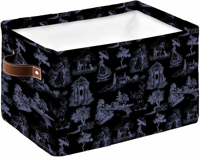 Farmhouse Country Storage Bins Cubes Waterproof Cloth Storage Basket, Vintage Black French Garden Horse Swan Foldable Storage Bags for Shelf Closet Clothes Organizers with Handles 15x11x9.5 in 1PCS