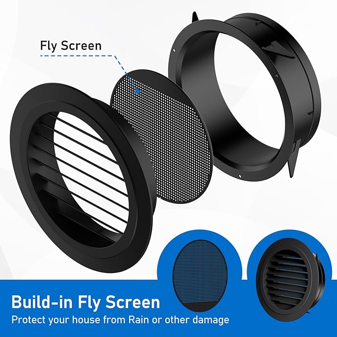 Hon&Guan 8 Inch Soffit Exhaust Vent, 8‘’ Round Air Vent Cover with Built-in a Fly Screen for Bathroom Office Home, Black