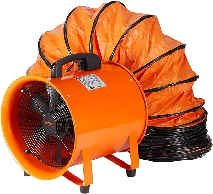 VEVOR Air Mover Blower Fan 12 Inch, 3198CFM 585W with 16.4ft Flexible Duct, Industrial Portable Ventilator Blower/Exhaust, Orange