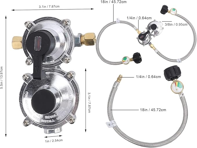 RV Gas Regulator, 2 Stage Auto Changeover LP Gas Regulator with Pressure Meter and 18in Hose, for RVs Trailers Trucks
