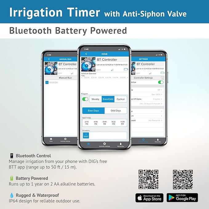 DIG BTC-ASV Bluetooth Battery Powered Weatherproof Wireless Irrigation Controller w/ Anti Siphon Valve - Smart, Easy-to-Use, Compatible with Residential Drip and Sprinkler Irrigation Systems