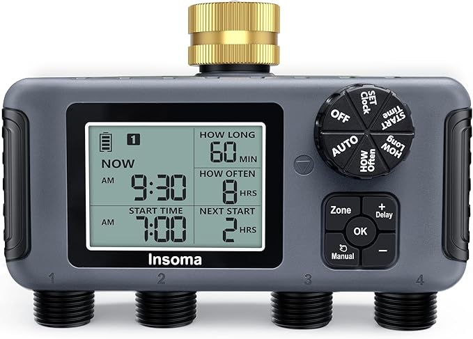 Insoma Water Timer with Brass Inlet, 4 Independent Zones Outdoor Hose Timer for Garden Faucet with Auto/Manual/Rain Delay Mode, IPX5 Waterproof, Sprinkler Irrigation Controller for Yard Lawn