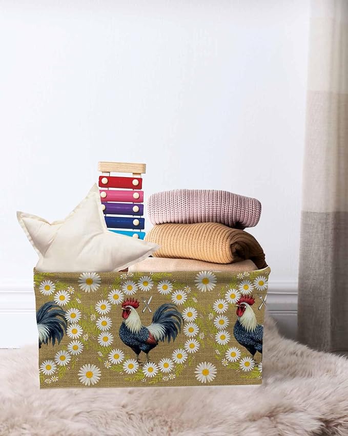 Daisy Rooster Storage Bins Cubes Waterproof Cloth Storage Basket,Spring Floral Farmhouse Botanical Rustic Foldable Storage Bags for Shelf Clothes Storages Organizers with Handles 15x11x9.5 in 1PCS