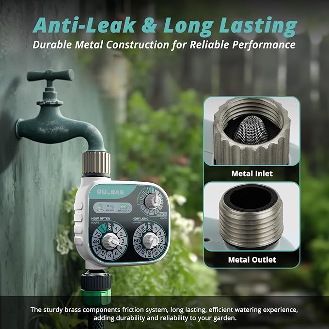 QUOBAS Mechanical Dial Hose Timer, Waterproof Sprinkler Timer with Rain Delay/Auto/Manual Modes for Drip Irrigation System, Pool, Lawn, Durable Metal Fittings, Easy Set 3-Dial Program, Battery Powered