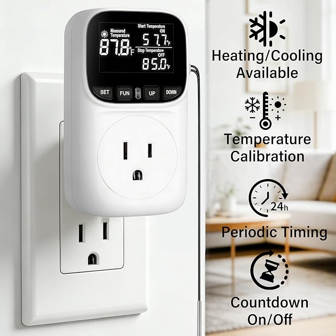 Digital Temperature Controller,Heavy-Duty 15 Amp/1800 Watt Thermostat Socket Plug,VA Display for Heating and Cooling Control Timer,Suitable for Greenhouse Incubators,Homemade Equipment,etc.