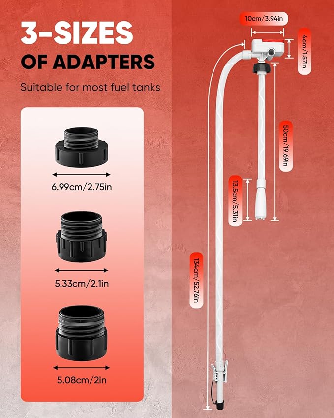 Saker Fuel Transfer Pump Battery Powered, Automatic Portable Fuel Pump with Auto-Stop, 51'' Extra Long Hose, 3.2 Gallon per Min, 3 Can Adapters, for Gasoline, Diesel and Oil