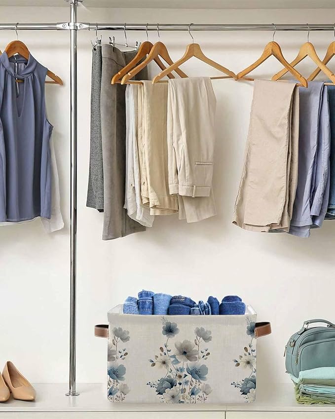 Blue Grey Floral Storage Bins Cubes Waterproof Cloth Storage Basket, Watercolor Flowers Linen Texture Foldable Storage Bags for Shelf Closet Clothes Organizers with Handles 15x11x9.5 in 1PCS