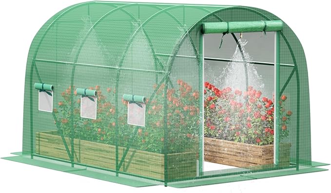 Greenhouse with Watering System, Outdoor Greenhouse with 6 Mesh Windows and 1 Door, Greenhouses with Drip Irrigation System for Plants, Seedlings, Flowers and Garden Raised Beds (10x10x7 FT)