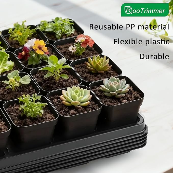 24 Cell Nursery Pots Trays 5 Pack (17"x11"x1.6"), Reusable Plant Pot Tray for Holding 2.8 inch (7CM) Square Nursery Pots, Durable Plastic Carrying Seed Starter Tray with Drain Holes (Black)