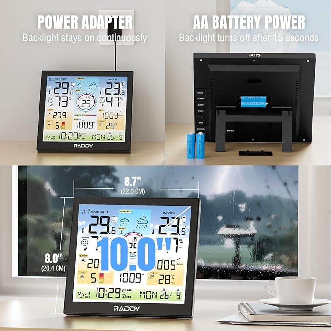 Raddy WF-120C Professional Wi-Fi Weather Station Wireless, Indoor Outdoor Temperature & Humidity Monitor with 10" Digital Color Display, Rain Gauge, Wind Speed, Weather Forecast, UV & Light Index