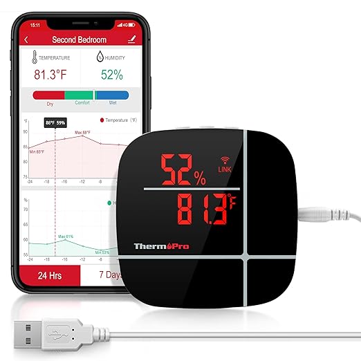 ThermoPro WiFi Thermometer Hygrometer, Wireless Humidity Meter Temperature Sensor with App & Alexa Control, Smart Humidity Sensor with History Data for House, Baby Room, Guitar Room, Greenhouse, RV