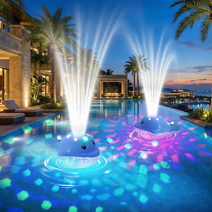 Floating Pool Fountain with Adjustable Colorful LED Light Show Waterfall Spray Timer Feature, Floating Light Party Decor for Above Ground Swimming Pool Pond Garden Patio Outdoor