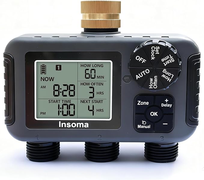 Insoma 3-Zone Sprinkler Timer with Brass Inlet + IPX5 Waterproof | Programmable Auto/Manual Irrigation Mode with Rain Delay & Large LCD | Water Hose Timer 3 Outlets for Garden, Lawn, Yard, Pool