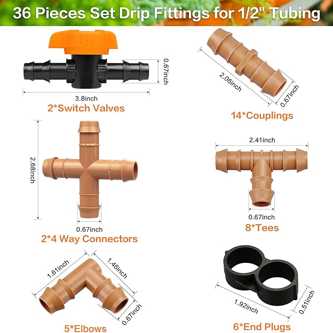 Drip Irrigation Fittings Kit for 1/2" Tubing - 36 Pieces, Including 12 Couplings, 8 Tees, 6 Elbows, 6 End Caps, 2 Cross Connectors and 2 Drip Valves