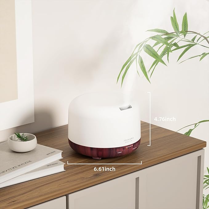 ASAKUKI Essential Oil Diffuser for Home, 500ML Aromatherapy Diffuser Humidifier with Remote Control, 7 Color LED Lights, Quiet Cool Mist Diffuser for Bedroom, Office, Gift for Mom (Reddish-Brown)