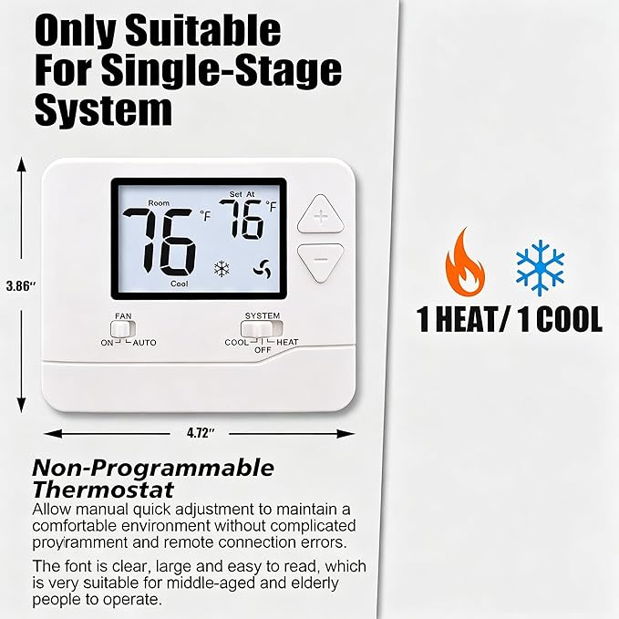 Heagstat Non Programmable Thermostat, Single-Stage 1 Heat 1 Cool, Simple Digital Thermostats for Home