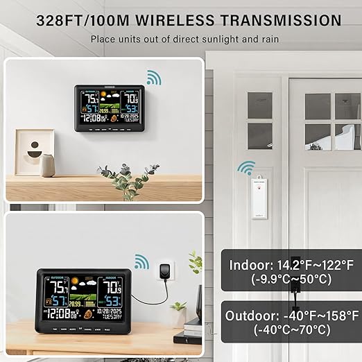 BluSon Weather Station Wireless Indoor Outdoor Thermometer, Color Display Digital Temperature Humidity Monitor with Atomic Clock, Weather Forecast, Adjustable Backlight, Home Weather Statio, Black