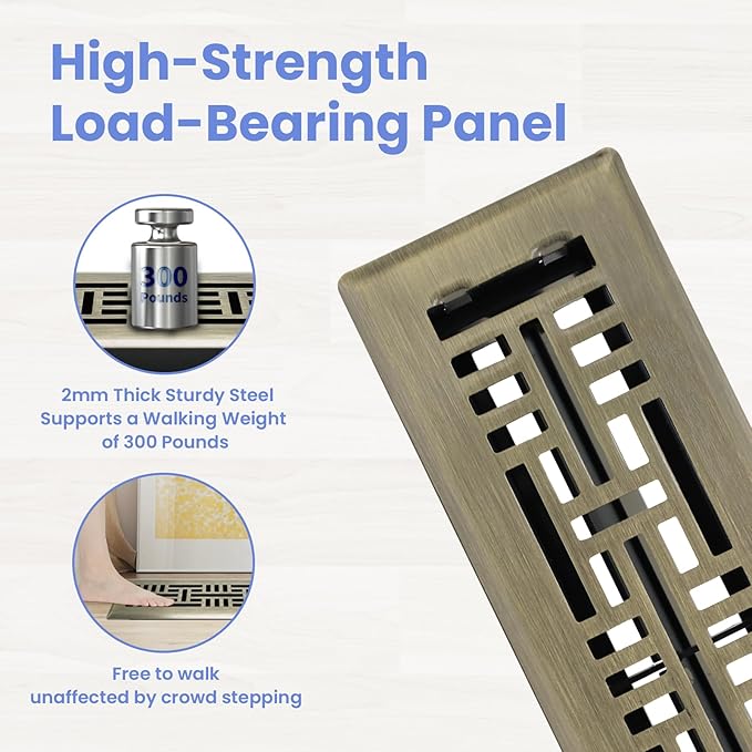 Howeall 2x12 Inches 2 Pack Heavy Duty Walkable Floor Register Easy Adjust Air Supply Lever Floor Vents - Seattle Design - Vent Cover for Home Floor - Antique Brass