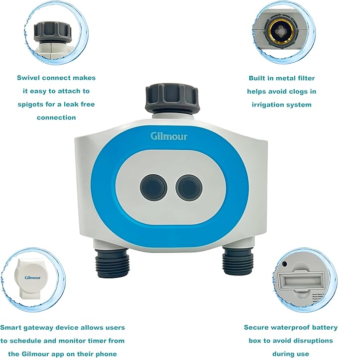 Gilmour Dual Outlet Smart Water Timer, WiFi Automatic Watering System, Rain Delay, Battery Operated, 2 Zone