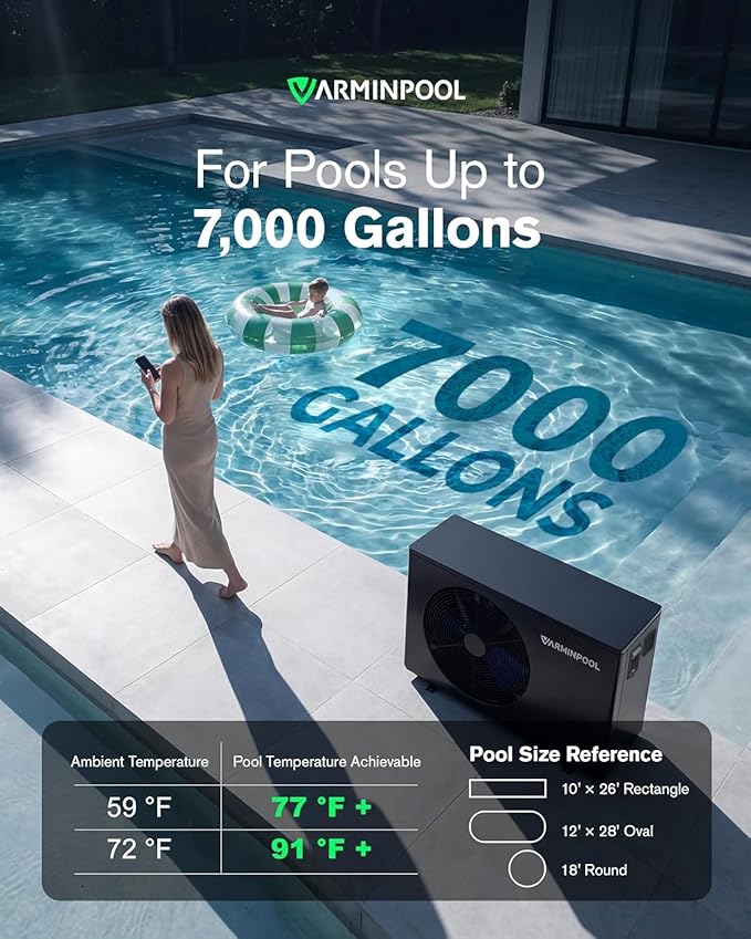 Pool Heat Pumps, 30,000 BTU Pool Heat Pump for Above Ground Pools Up to 7000 Gallons, WiFi Control, Titanium Heat Exchanger, 120V, Smart Inverter, V7 Plus