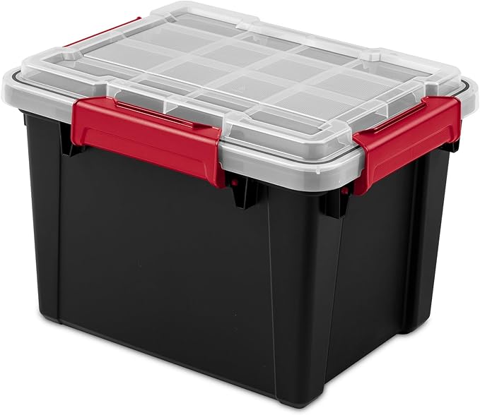 Sterilite 18 Pack 5 Gallon Gasket Box, Stackable Plastic Storage Container with Lids, Black - Waterproof and Dustproof Tote for Home Organization