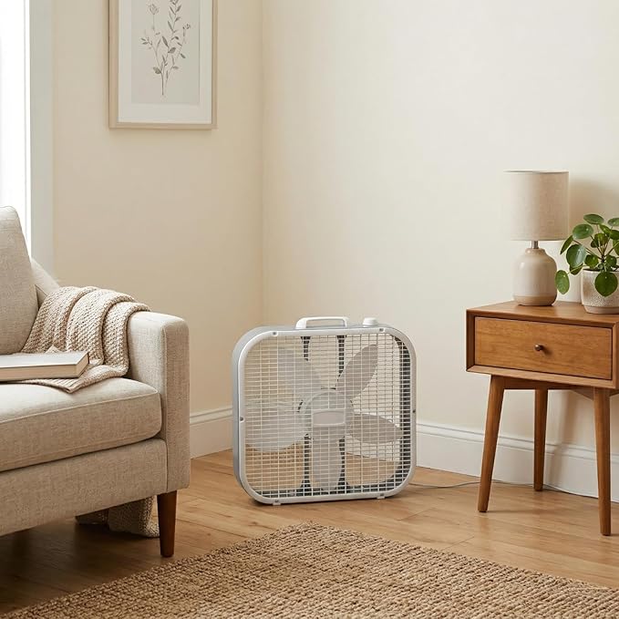 20-Inch Box Fan with Weather-Resistant Motor, 3-Speed Floor and Window Cooling Fan with Plastic Frame, Portable Carry Handle, 72-Inch Cord for Bedroom, Garage, Dorm, White